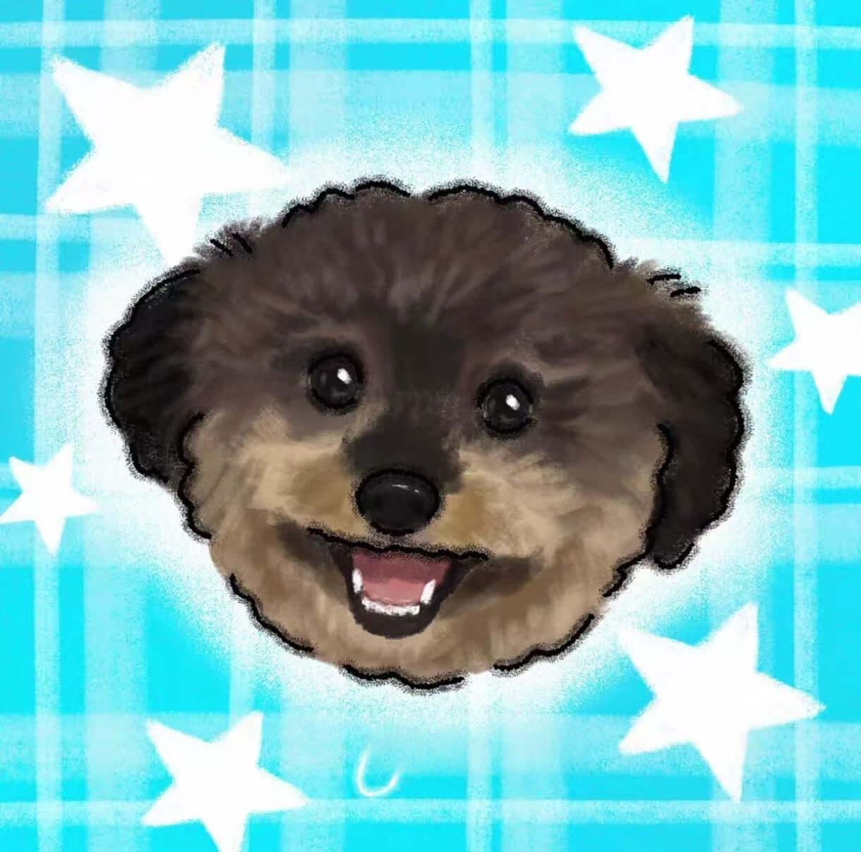 Smiling black poodle portrait illustration on a blue star background