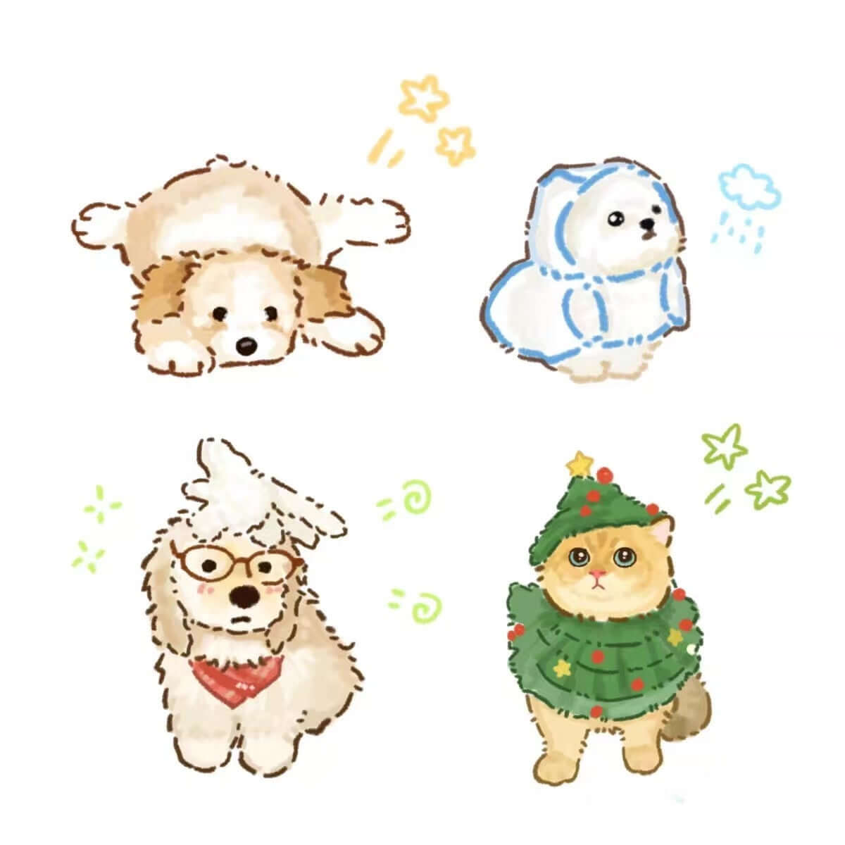 Four playful pet illustrations featuring three dogs and a cat