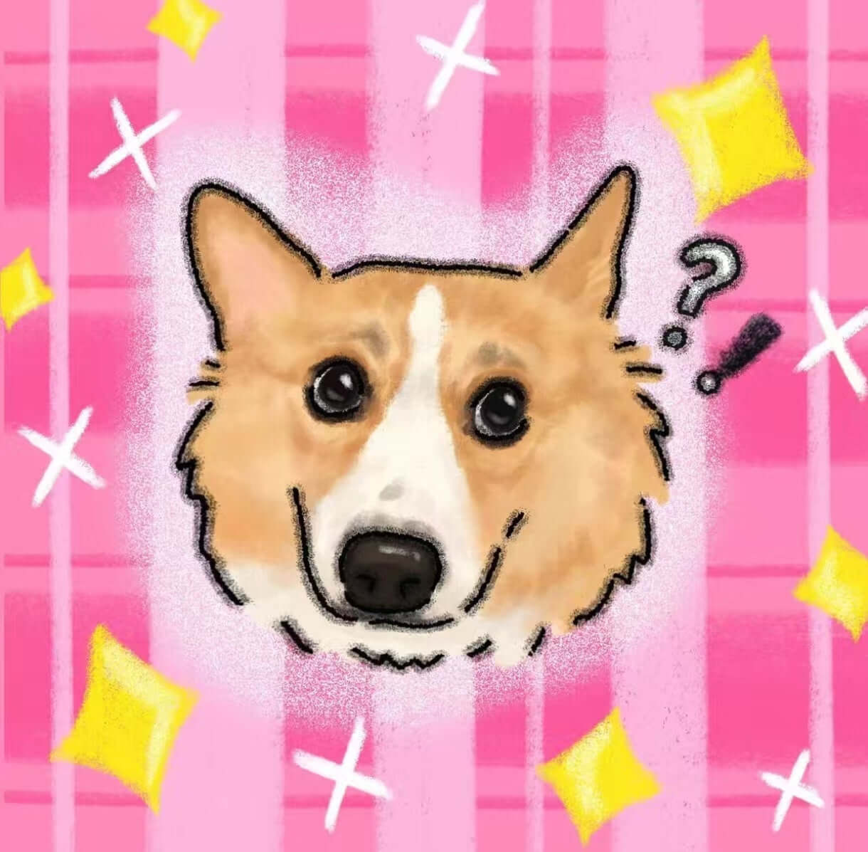 Corgi portrait illustration on a pink patterned background