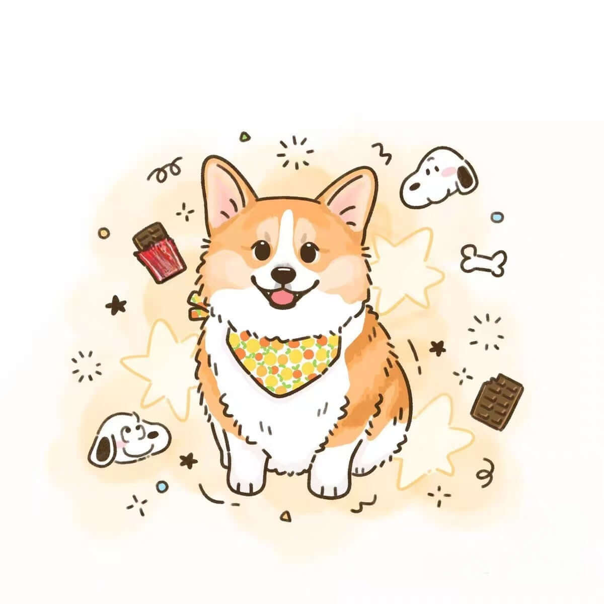 Corgi wearing a colorful bandana surrounded by playful dog treats