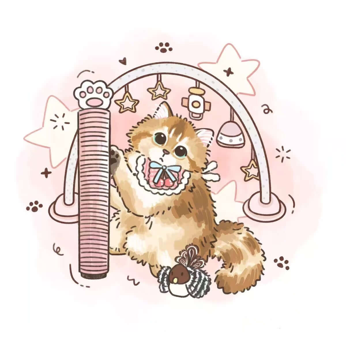Long-haired cat playing beside a scratching post and hanging toys