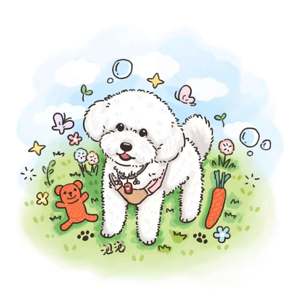 White dog playing in grass beside a teddy bear and carrot