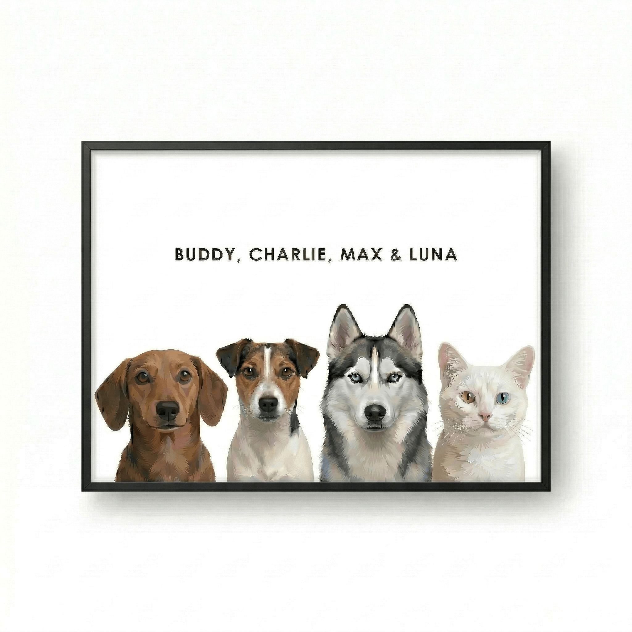 Modern Pet Portraits Four Pets- Modern Custom Pet Portrait Drawing |KOKO