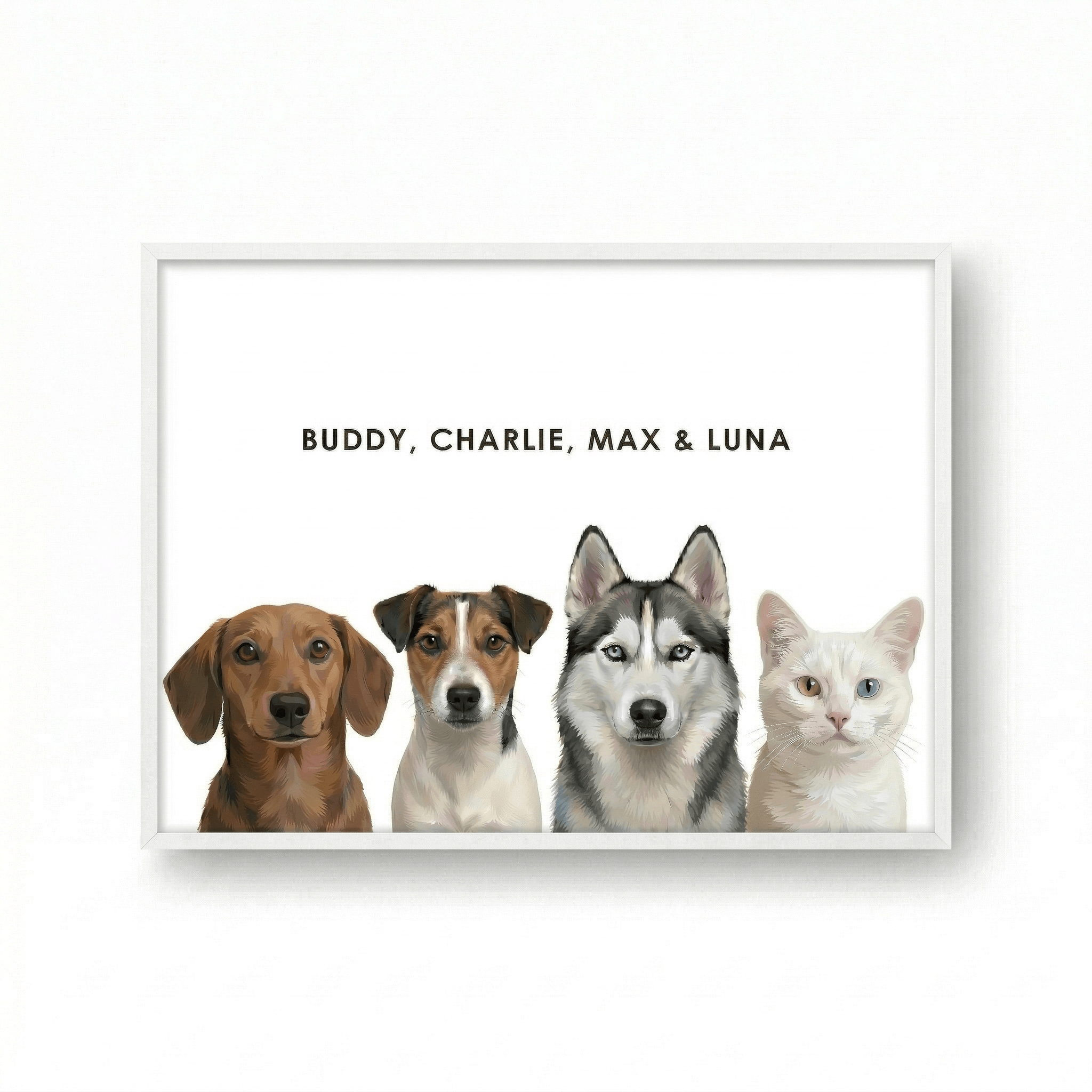 Modern Pet Portraits Four Pets- Modern Custom Pet Portrait Drawing |KOKO